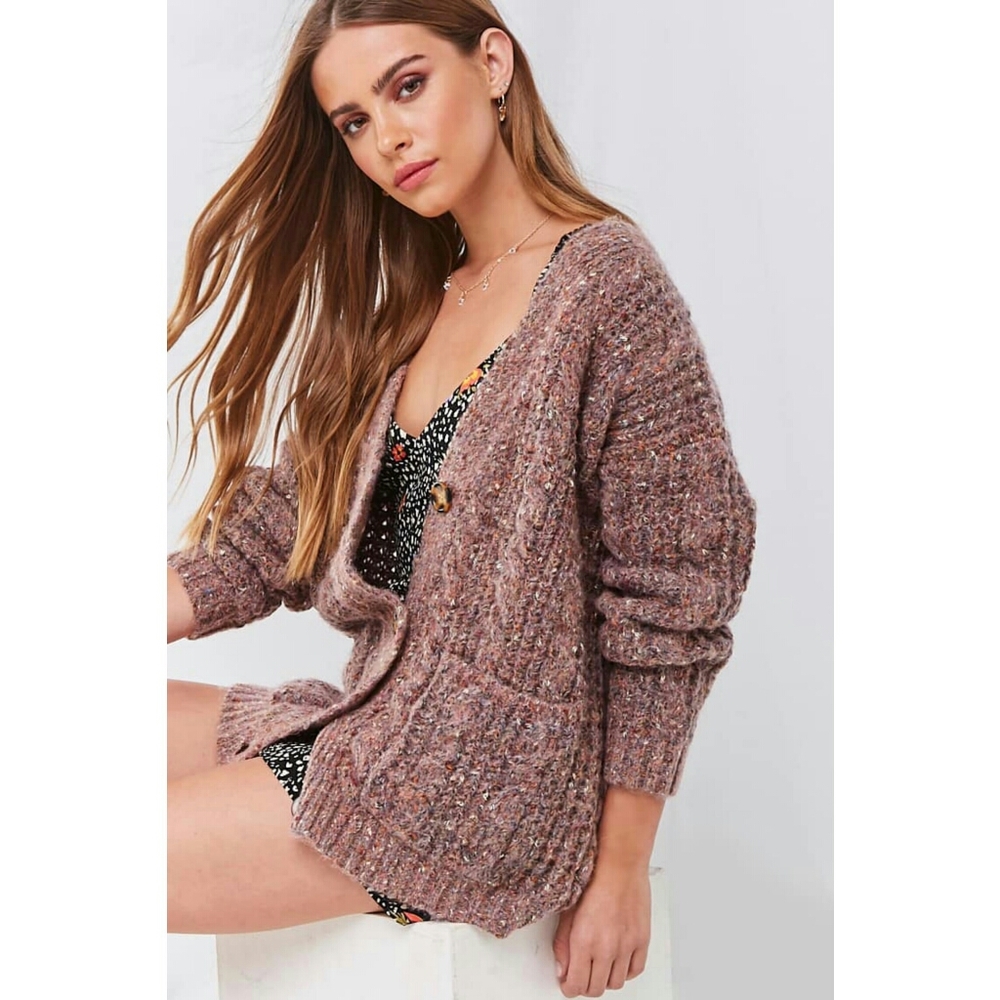 Marled Cable Knit Cardigan Pink New Button Down